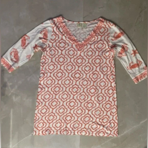 Caribbean Joe Woman Top Size Large Orange White Color V-neck 3/4 Sleeve Pullover - Picture 1 of 7